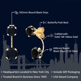 Gem Stone King 14K Yellow Gold Black Onyx Dual Drop 2 Stone Round Earrings for Women (2.55 Cttw, Gemstone Birthstone, Round 6MM and 5MM)