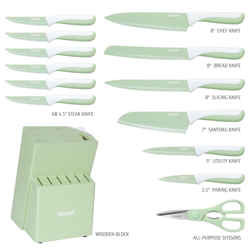 hecef 15 Pieces Kitchen Knife Set with Built-in Sharpening Wooden