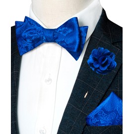 RBOCOTT Royal Blue Paisley Self Tie Bow Tie Bowtie and Pocket Square with Lapel Pin Sets for Men(32)