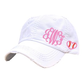 Women's Custom Baseball Sport Monogrammed Initials Heart Hat, Player's Wife Mom Sister Friend Fan Fiancee, Ball or High Ponytail Cap, Embroidered No Patch, Spirit Game Wear Stadium College