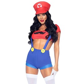Leg Avenue womens Babe, Top, Accents, 3 PC Gamer Babe includes character crop top suspender shorts with icon accents and hat , Red/Blue, X-Small US