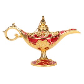 Magic Genie Lamp Exquisite Colorfast Eye Catching Alloy Embossed Pattern Genie Lamp for Bedroom Office Gold+Red 8.7in