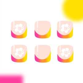 French Tip Press on Toenails Short Square Fake Toe Nails with Designs Colorful Flower Glue on Nails Summer Acrylic Toenails Glossy Artificial Toe Nails Full Cover Stick on Toenails for Women