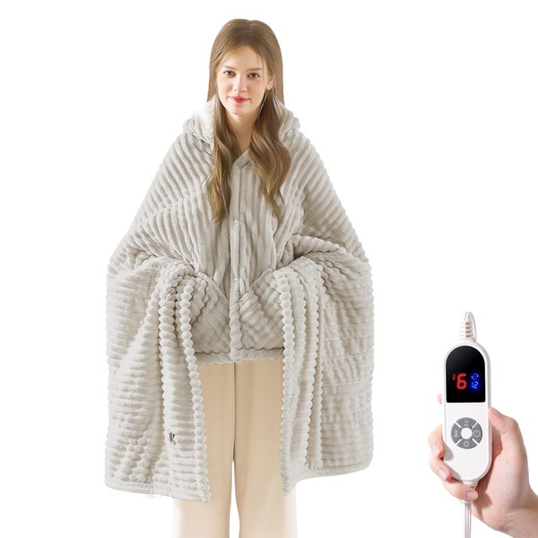Heated Blanket Wearable Electric Blanket with Hood and Pockets, Heating