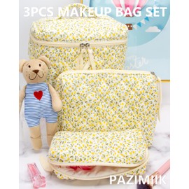 PAZIMIIK 3PCS Makeup Bag SET Large Travel Quilted Zipper Soft Cosmetic Case Pouch for Women Girls Make Up,Floral Yellow