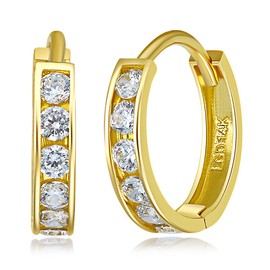 14k REAL Yellow Gold 2mm Thickness CZ Channel Set Hoop Huggie Earrings (11 x 11 mm)