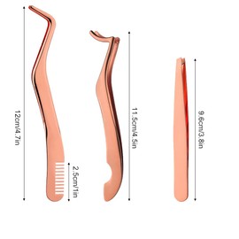 3 Pcs Eyelash Tweezers Set RUIFUNETEK Stainless Steel Lashes Tweezers with Comb, Lash Application Tool for Girls Women Beginners Makeup Artists (Rose Golden)