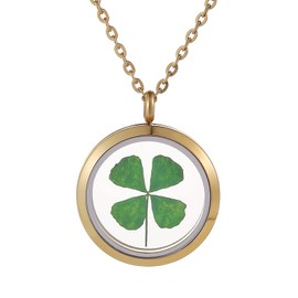 FM FM42 Gold-tone Dried Leaves Lucky 4-Leaf Clover Round Glass Stainless Steel Locket Pendant Necklace FN3058