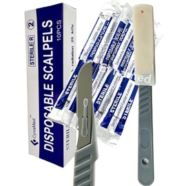 ArTLaB-Disposable Scalpels Blades High-Carbon Steel Blades, Plastic Handle, Sterile, Dermaplaning, Dissection, Podiatry, Professional Grooming, Acne Removal Individually Foil Wrapped, Box of 10 (#10)