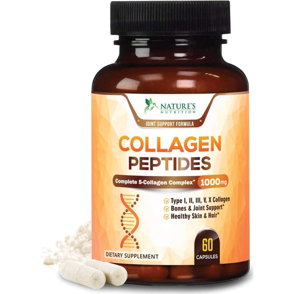 Multi Collagen Peptides Capsules 1000mg - Collagen Peptides Types 1, 2, 3, 5, 10 - High Absorption Hydrolyzed Collagen Protein to Support Joints, Hair, Skin, Nails - Made in USA - 60 Capsules