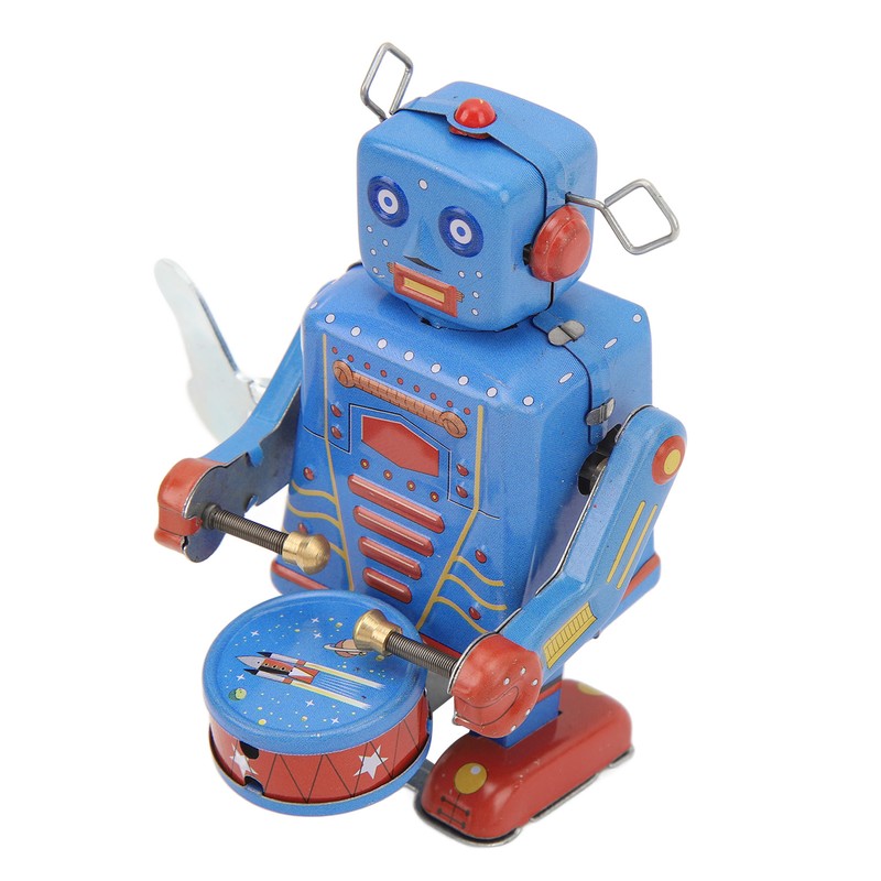 Clockwork Drumming Robot Toy Tinplate Retro Hand Made Drum Wind
