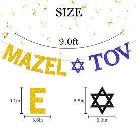 Mazel Tov Banner, Bar Mitzvah Bat Mitzvah Jewish Decorations Engagement Wedding, Birthday Party Decorations Gold&Blue Glitter