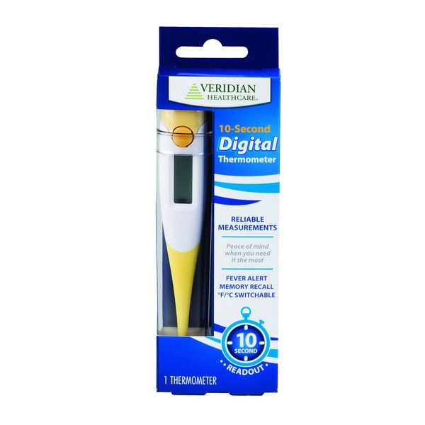 Veridian Healthcare Digital Thermometer | 10-Second Readout | Fahrenheit and Celsius | Flexible Tip | Fever Alert | 1-Year Warranty