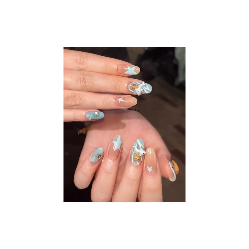 Handmade Press On Nails Blue Leopard Short Oval Fake Nails