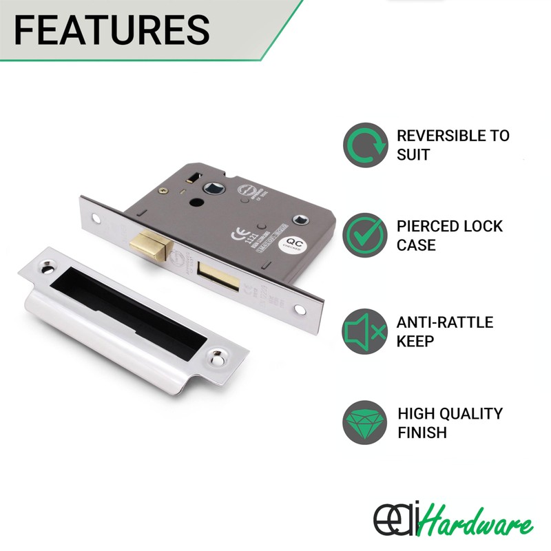 EAI Mortice Bathroom Lock | 74x57mm | Polished Chrome -