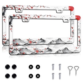 Watercolor Cherry Blossom License Plate Frames 2 Pack Sakura Flower License Plate Holder Car Decor Accessories Stainless Steel Rust-Proof Plate Cover Fits Standard US Vehicles Size 12.2 x 6.3 Inches