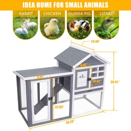 GEGURI Large Rabbit Hutch Indoor Outdoor Chicken Coop Wooden Bunny Cage with Waterproof Roof (48''L x 24''W x 36''H Grey)