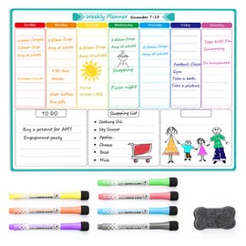MaxGear Weekly Dry Erase Board for Fridge, Magnetic Calendar Whiteboard Planner for Refrigerator with Stain Resistant Technology, Include 7 Fine Point Markers and 1 Eraser, 17"x12"