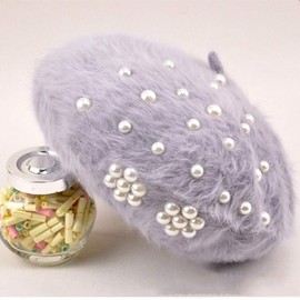seven wolves Womens Beret with Pearls, Winter Wool Hat Pearl French Hat Knitted Beanie Cap Tam, Grey 2