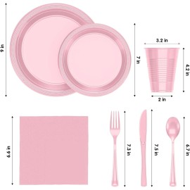 DFS 350 Pcs Pink Plastic Plates For Party, Disposable Dinnerware Set Serve 50 Guests