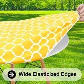 smiry Round Tablecloth, Waterproof Elastic Fitted Table Covers for 36" - 44" Tables, Wipeable Flannel Backed Vinyl Tablecloths for Picnic, Camping, Dining, Indoor and Outdoor, Yellow Morocco