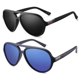 2020 VentiVenti 2 Pack Aviator Sunglasses For Men Polarized Lens Plastic Lightweight Double Bridge Frame UV Protection For Driving Matte Black Frame/Smoke Lens+Blue Frame/Blue Revo Lens