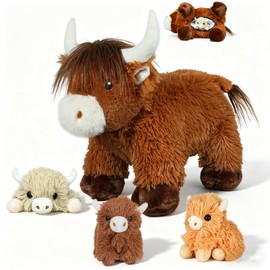 Highland Cow Stuffed Animals with 3 Baby Calves Inside – Fluffy Mommy Cow Plush, Surprise Babies for Imaginative Play, Cute Farm Plush Toys for Girls Boys Ages 3-8, Kids Travel & Gift Toy