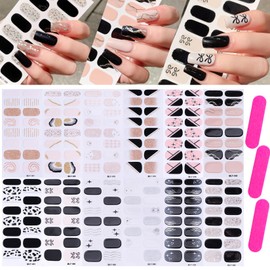 Full Wraps Nail Strips Stickers - 12 Sheets Black Sparkles Nail Polish Strips Marble Bow DIY Self Adhesive Art Decals for Women Girl with Nail Files Nail Art Decoration Accessories