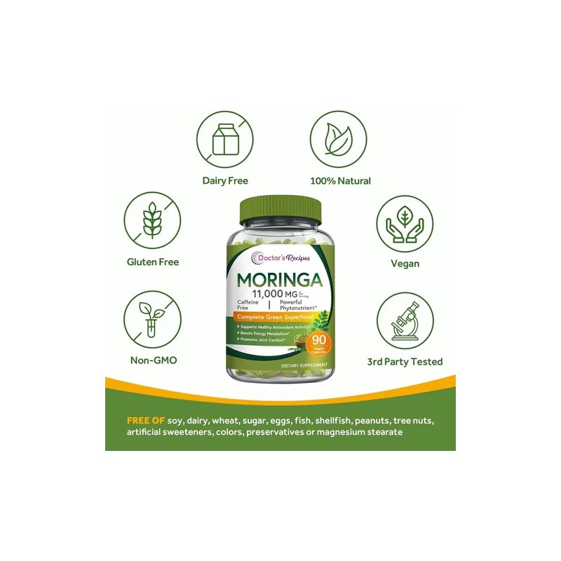 Doctors Recipes Moringa 11,000 Mg 90 Caps Veganas Sin Sabor