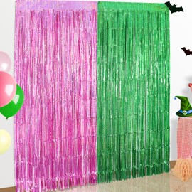Fcuadro 2 Pack Wicth Party Decorations Pink & Green Foil Fringe Curtains 3.3x6.6Ft Color Backdrop for Birthday Themed Party Supplies