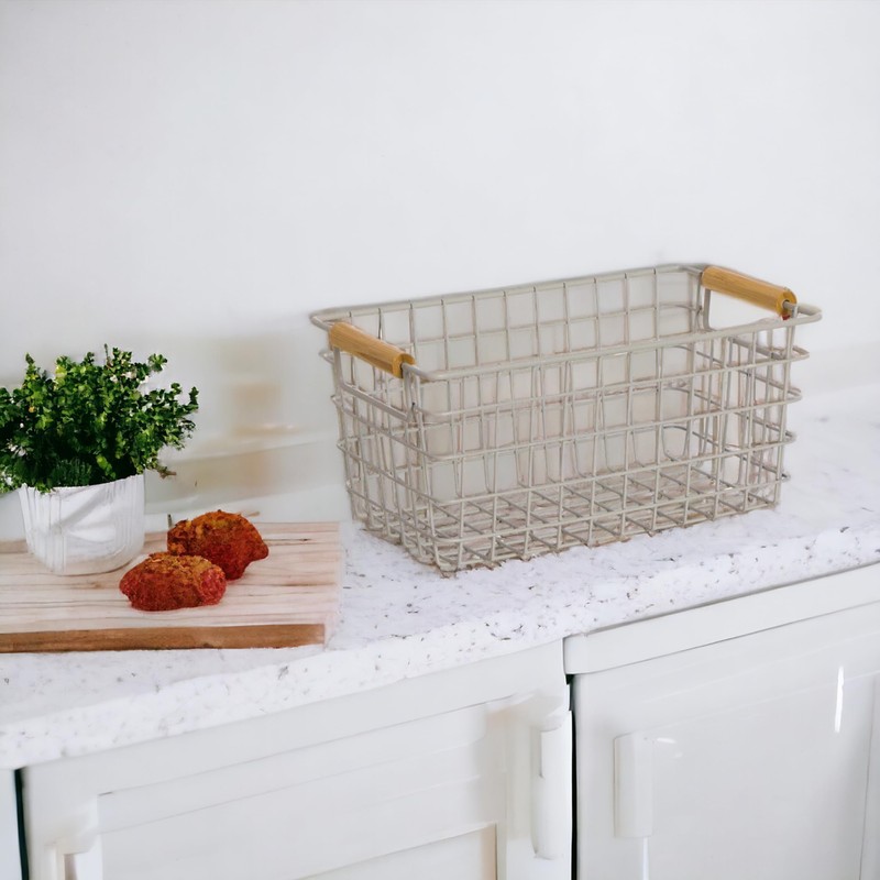 ROCKING GIFTS White Metal Basket with Wooden Handles 26cm