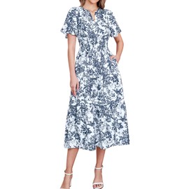 KUTUMAI Women Summer Floral Midi Dress 2024 Casual Short Sleeve V Neck Tiered Ruffle Flowy Boho Dresses with Pockets WhiteF XS