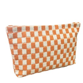GUTGNK Checkered Makeup Bag For Women - Yellowish White Cosmetic Bags Travel Toiletry Bag Large Capacity Canvas Storage Bag Aesthetically Designed Tote Bag Cute Pencil Case