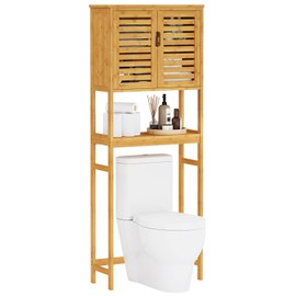 VIAGDO Over The Toilet Storage Cabinet, Tall Bathroom Cabinet Organizer with Cupboard and Adjustable Shelves, Freestanding Toilet Shelf Space Saver Rack Stand for Laundry Room, Balcony, Bamboo