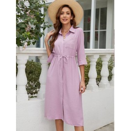 Febriajuce Women's 3/4 Sleeve Maxi Dress Casual Drawstring Belted Round Neck Plain Tie Waist Loose High Waist Long Dress Lavender