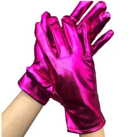 DreamHigh Women Metallic Shining Satin Mittens Wrist Length Costume Dress Gloves (Fuchsia)