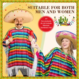 24 Pcs Mexican Poncho and Mexican Sombrero Set, Cinco de Mayo Serape Poncho with Straw Sombrero Headbands Mustache Necklace (33.8 x 53.1 Inch)
