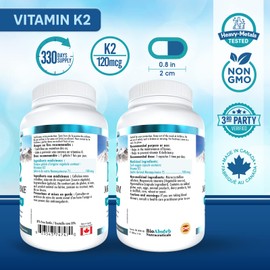 Vitamin K2 MK-7 Form Supplement. 100 mcg. 330 Veggie Capsules. 330-Day Supply