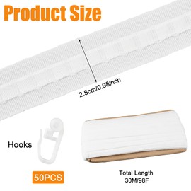 Curtain Tape for Sewing, 30 m x 2.5 cm Curtain Tape, Ruffle Tape with 50 Curtain Hooks, Polyester Curtain Tape, Removable Pleated Tape for Curtains, White Curtain Tape, Universal Tape for Curtains,