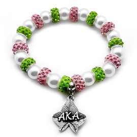 muiot Pink Green sorority society Jewelry Ivy leaves letter Metal Pendant Pearl Elastic Bracelet