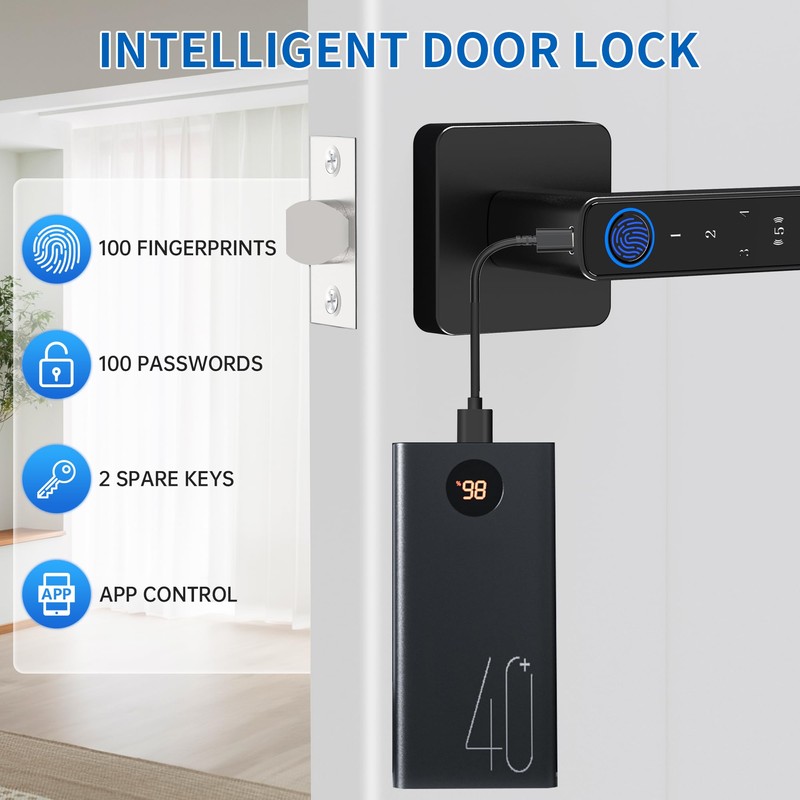 Fingerprint Door Lock-Smart Door knob, Biometric Door Locks,with App/Code/Backup Key/Fingerprint/IC
