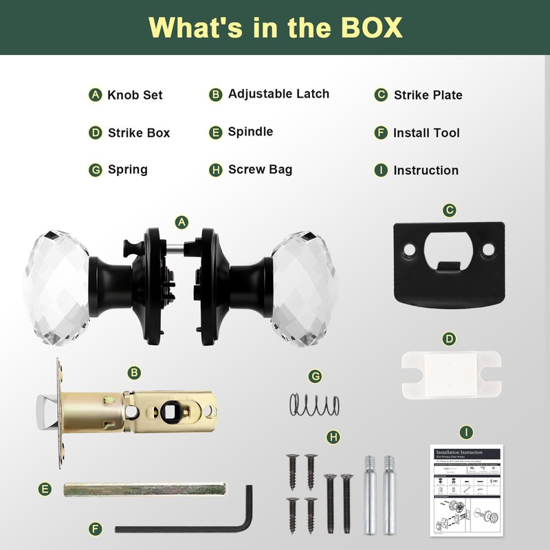 Lepushom 5 Pack Crystal Door Knobs Interior, Elegant Matte Black