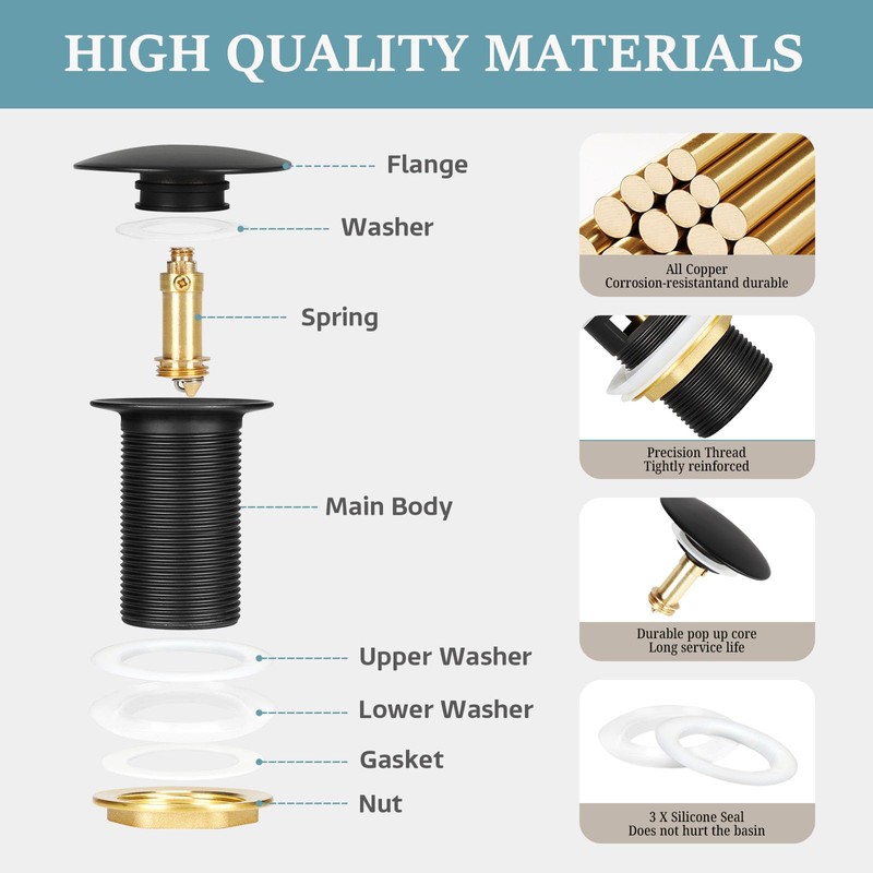 HOISGEAR Drain Fitting, Sink without Overflow, Pop-Up Valve for Washbasin,
