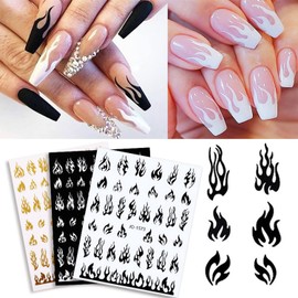 12 Colors Flame Nail Art Stickers, 3D Fire Self-Adhesive Sticker Design, Laser Gold Silver Red Black White Pink Yellow Green Flame Nail Transfer Decals Supplies for Women Manicure Decorations