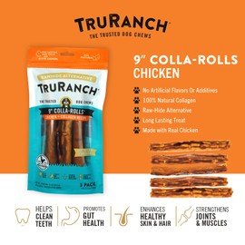 TRURANCH Collagen Rolls - 9" Collagen Rolls for Dogs - Long Lasting Healthy Joint Support Dog Treat - Rawhide Alternative - Skin & Coat Health - Made with Real Chicken, 1 Bag, 3 Count