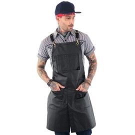 Under NY Sky Cross-Back Panther Black Apron – Coated Twill with Leather Reinforcement and Split-Leg – Adjustable for Men and Women – Pro Barber, Tattoo, Hair Stylist, Barista, Bartender, Server Aprons