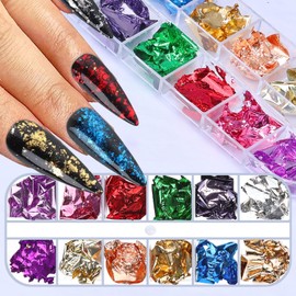 12 Colors Holographic Nail Glitter Foils Flakes Kit, 12 Colors Metallic Gold Silver Sparkly Ultra-Thin Aluminum Foil Nail Art Flakes Design Powder Nail Glitters Sequins for Manicure Craft (7-KIT-7)