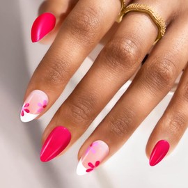 Swooflia Short Almond Press On Nails French Tip – Hot Pink Floral Fake Nail Glue Stick On Acrylic Artificial Flase Fingernails for Women, 24 PCS Reusable Handmade Manicure Art Nails with Stickers Glue