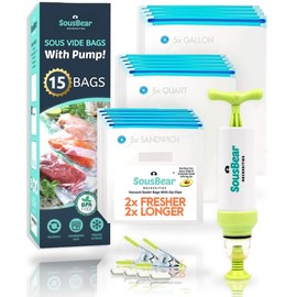 Sous Vide Bags with Pump, 20 Pack pt, qt, gal Reusable Vacuum Seal Bags, Freezer Safe, Commercial Grade, BPA-Free, 2 Clips Great for Sous Vide Cooking and Vac Storage