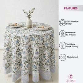 ATOSII - Mantel redondo 100% algodón azul Mahoka, mantel floral con estampado de bloques para cenar, fiestas, bodas, al aire última intervensión, día festivo I 60 pulgadas, I Grandmillennial Farmhouse